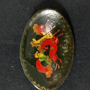 Russian Black Lacquer Brooch, Fairy Tale Troika Brooch